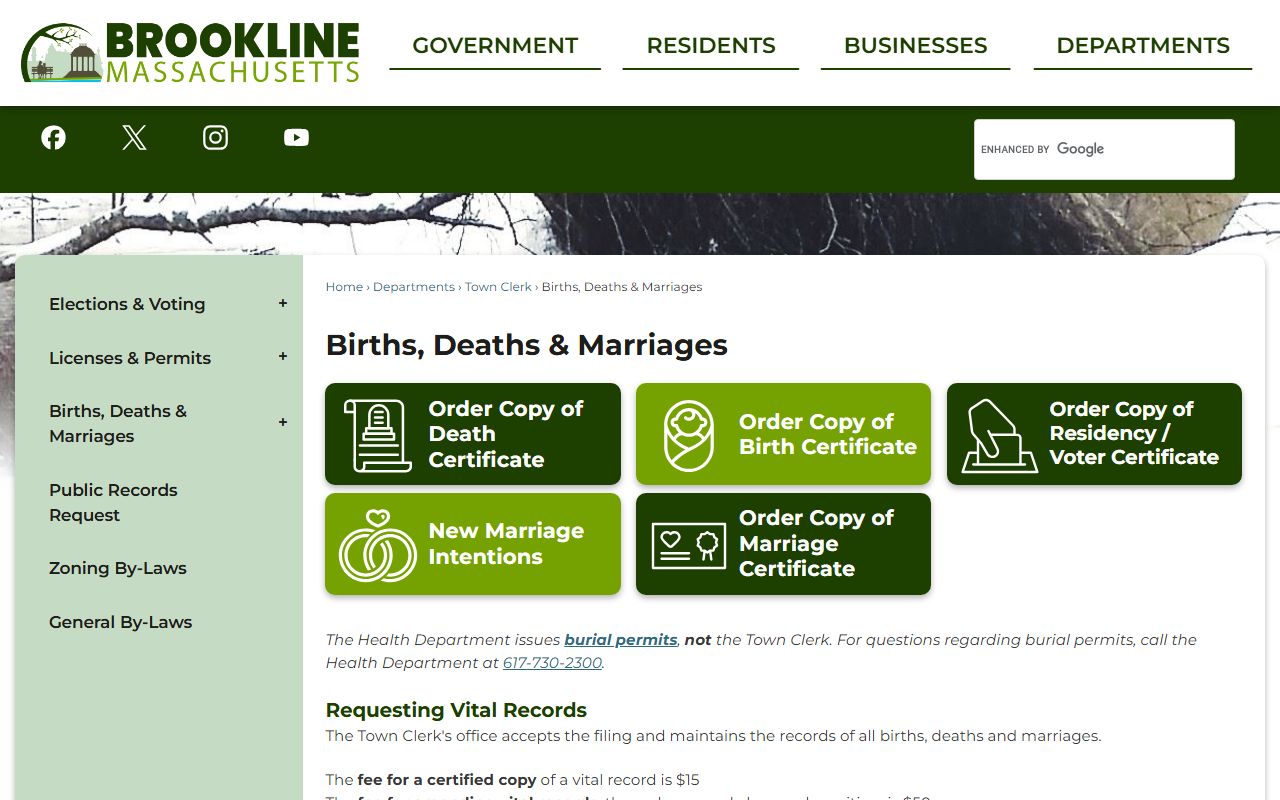 Brookline Town Clerk births deaths marriages page