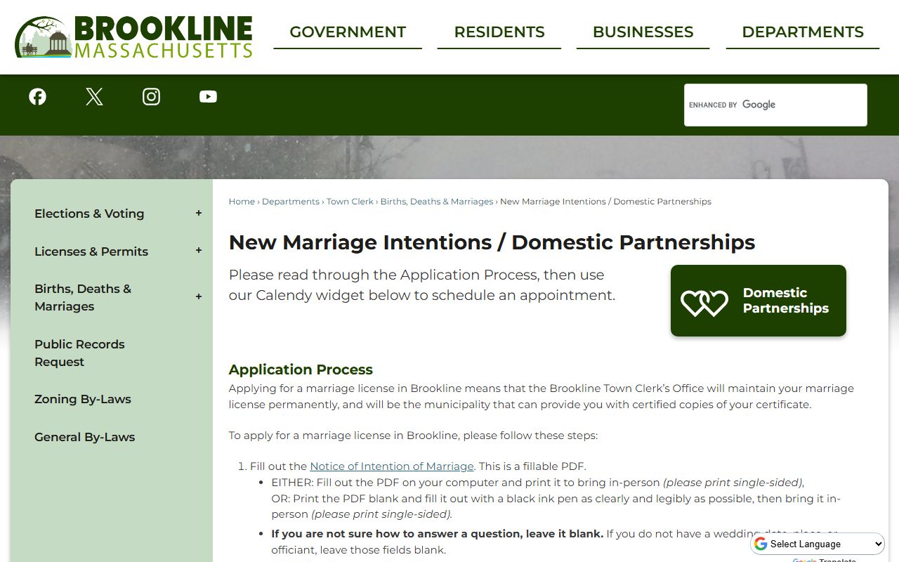 Brookline marriage intentions and domestic partnership page