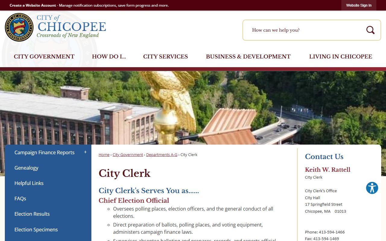 Chicopee City Clerk office page showing vital records services and contact information