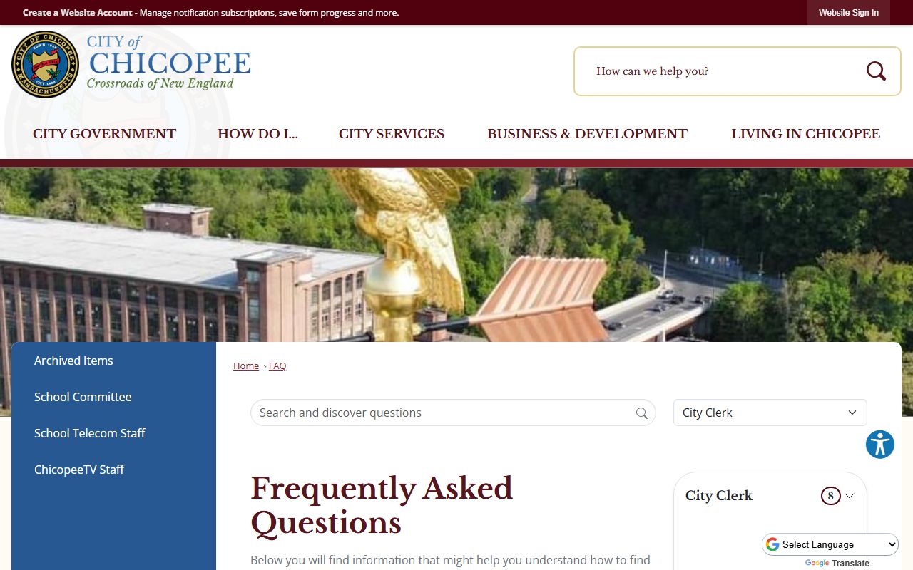 Chicopee City Clerk FAQ page with answers about marriage records and genealogy services
