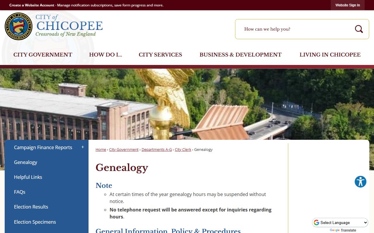 Chicopee City Clerk genealogy services page showing research hours and fee structure