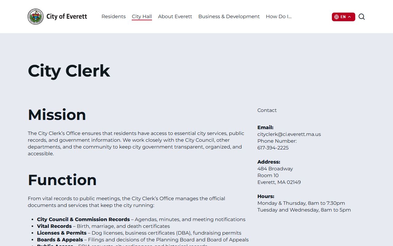 Everett City Clerk office page showing vital records services and contact information