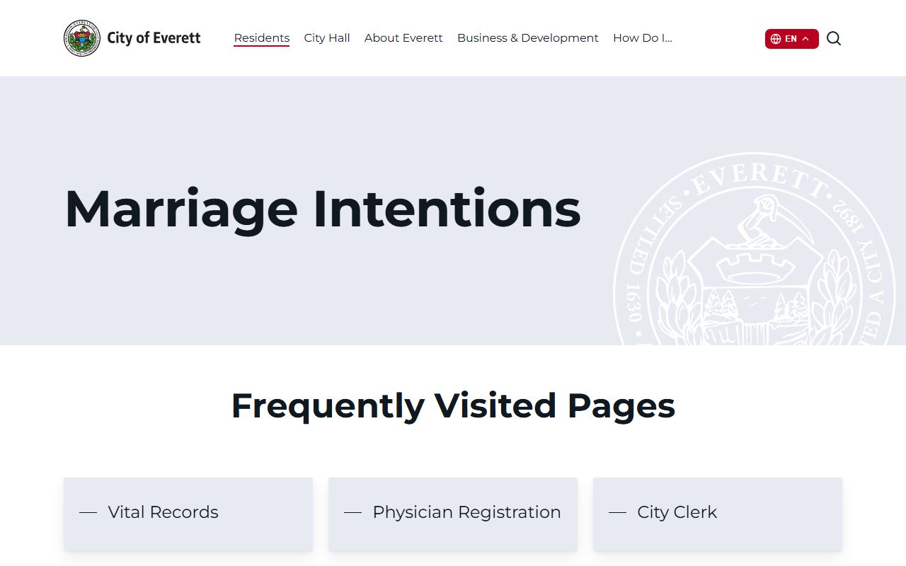 Everett City Clerk marriage intentions page showing filing process and requirements