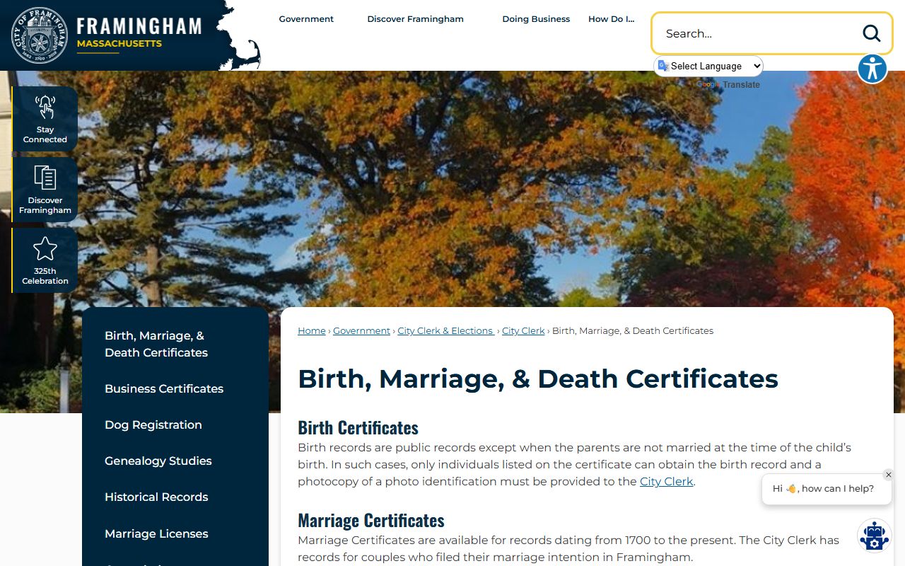Framingham birth marriage death certificates page