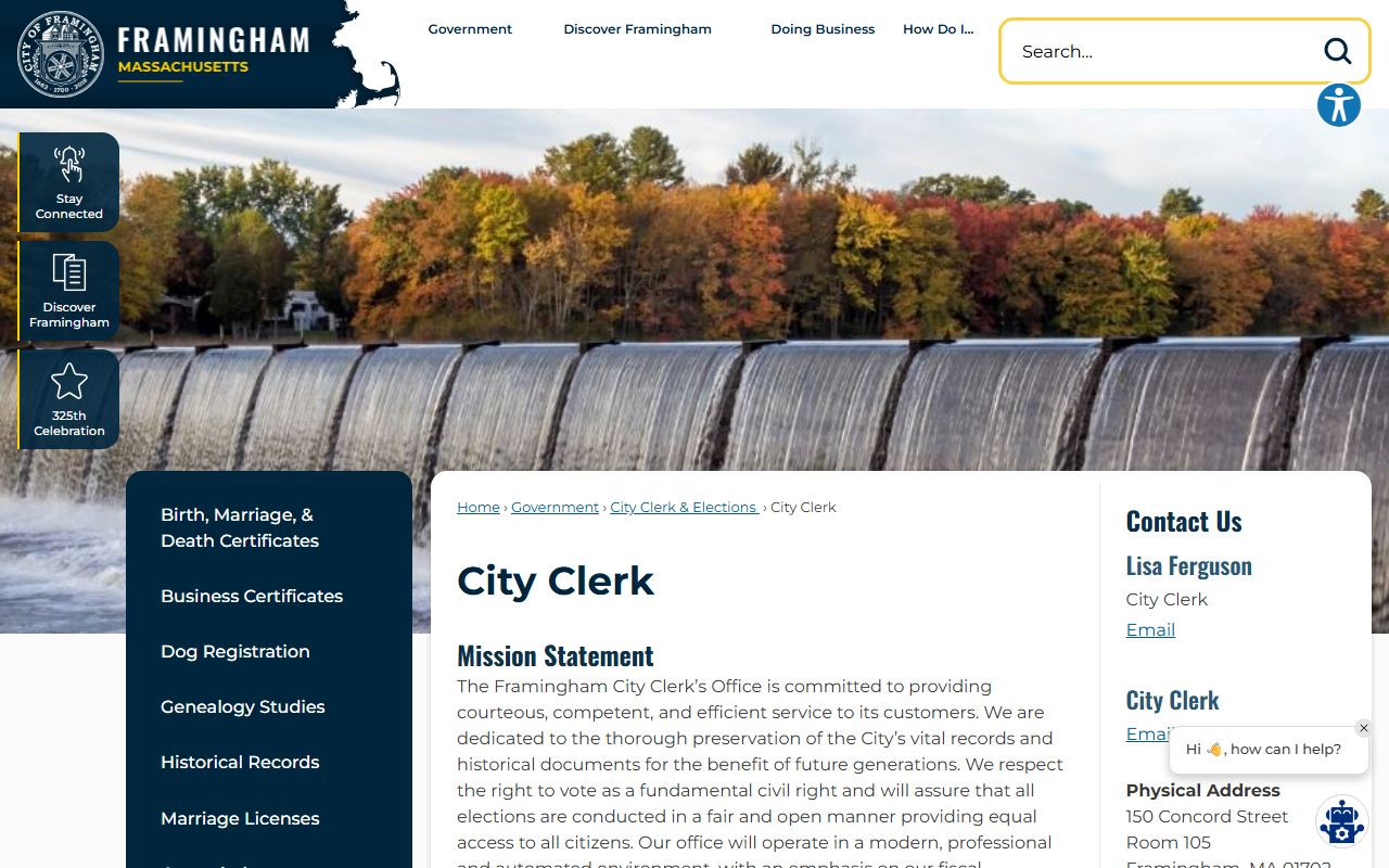Framingham City Clerk office for marriage records and licenses