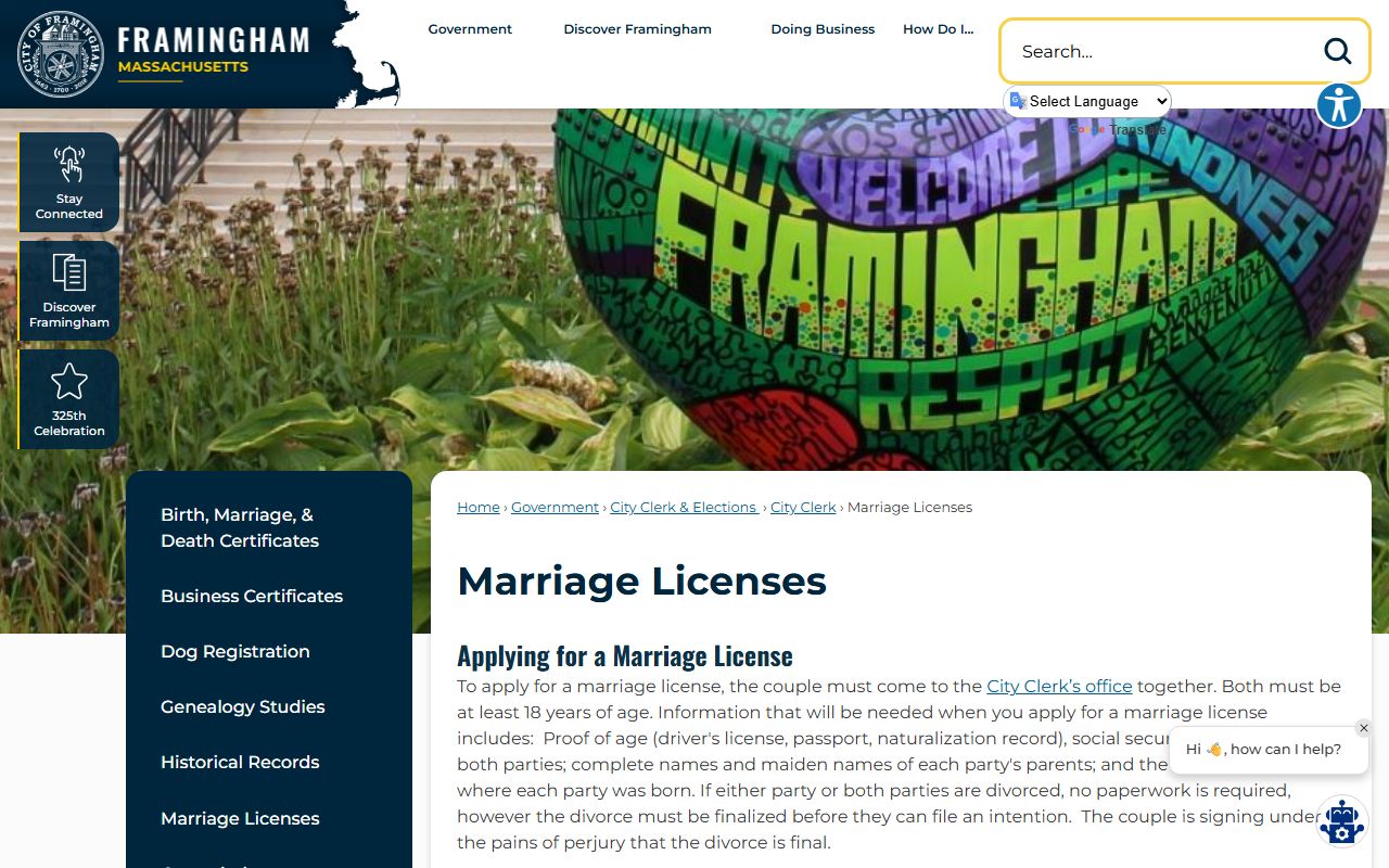 Framingham marriage licenses information page