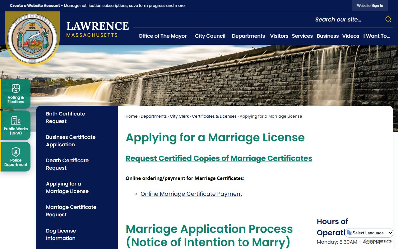 Lawrence Massachusetts applying for a marriage license page