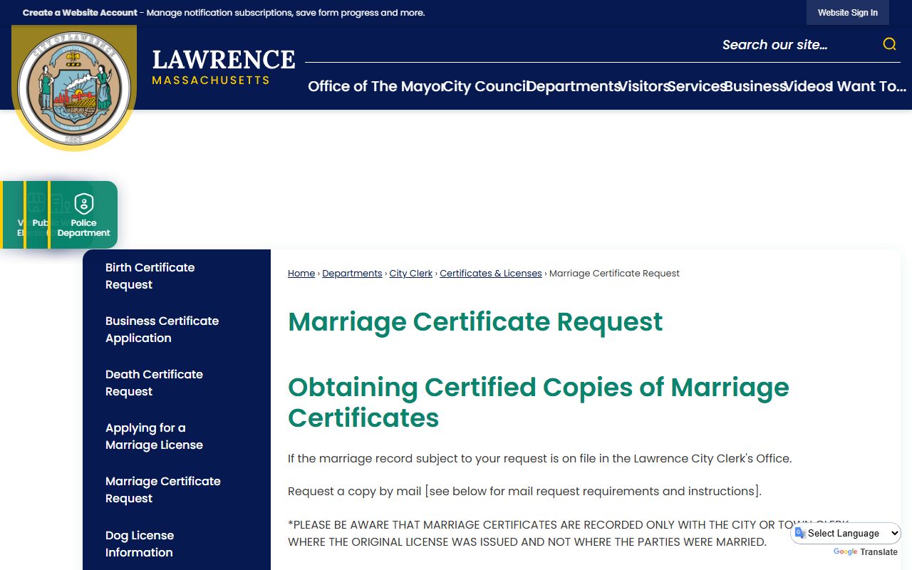 Lawrence marriage certificate request page
