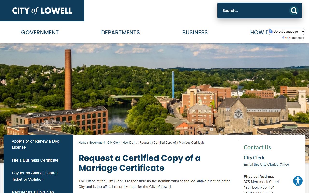 Lowell certified copy request page for marriage records
