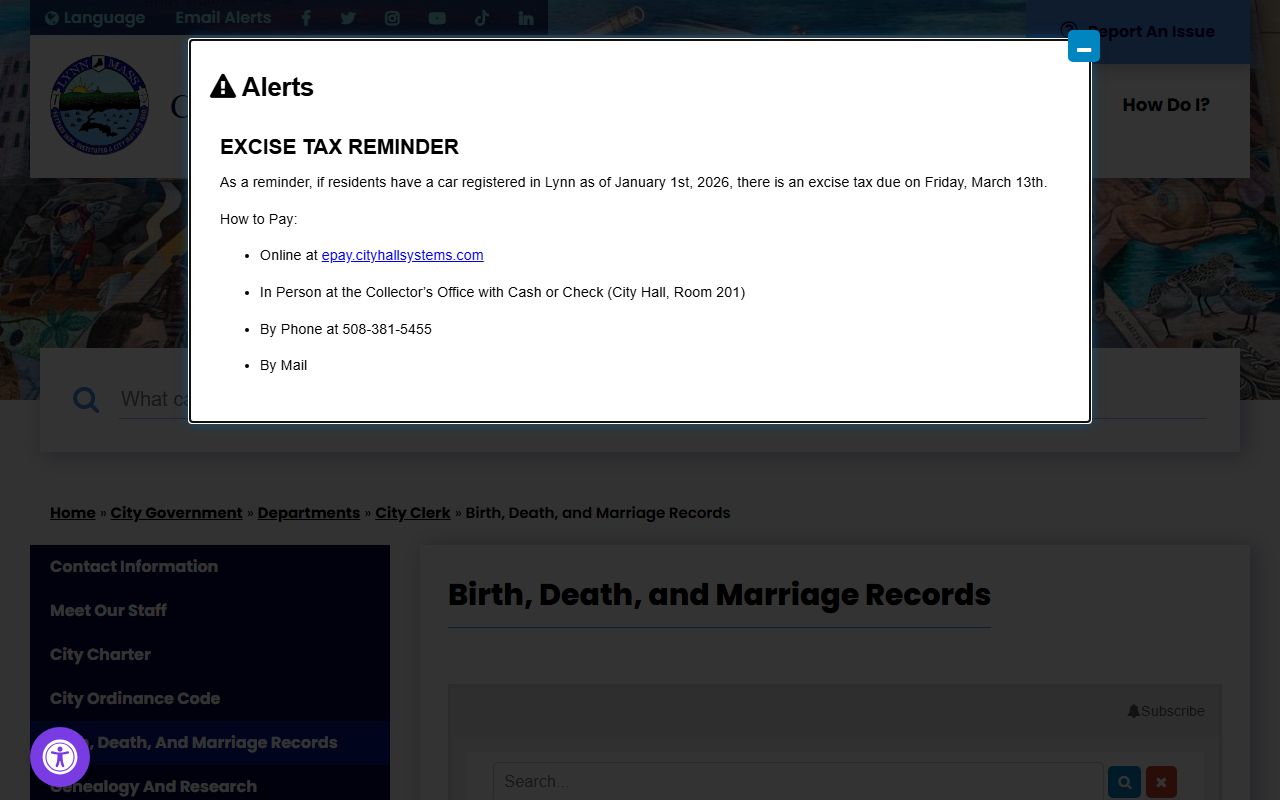 Lynn City Clerk marriage records page