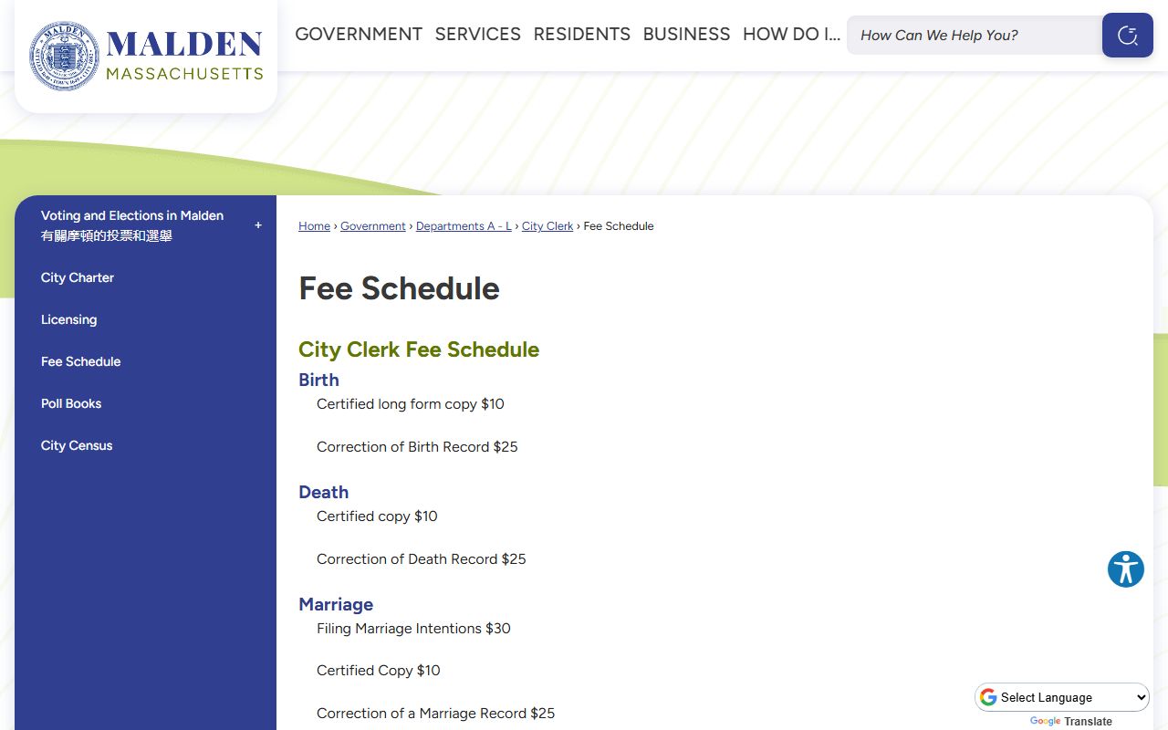 Malden City Clerk fee schedule page showing marriage record costs