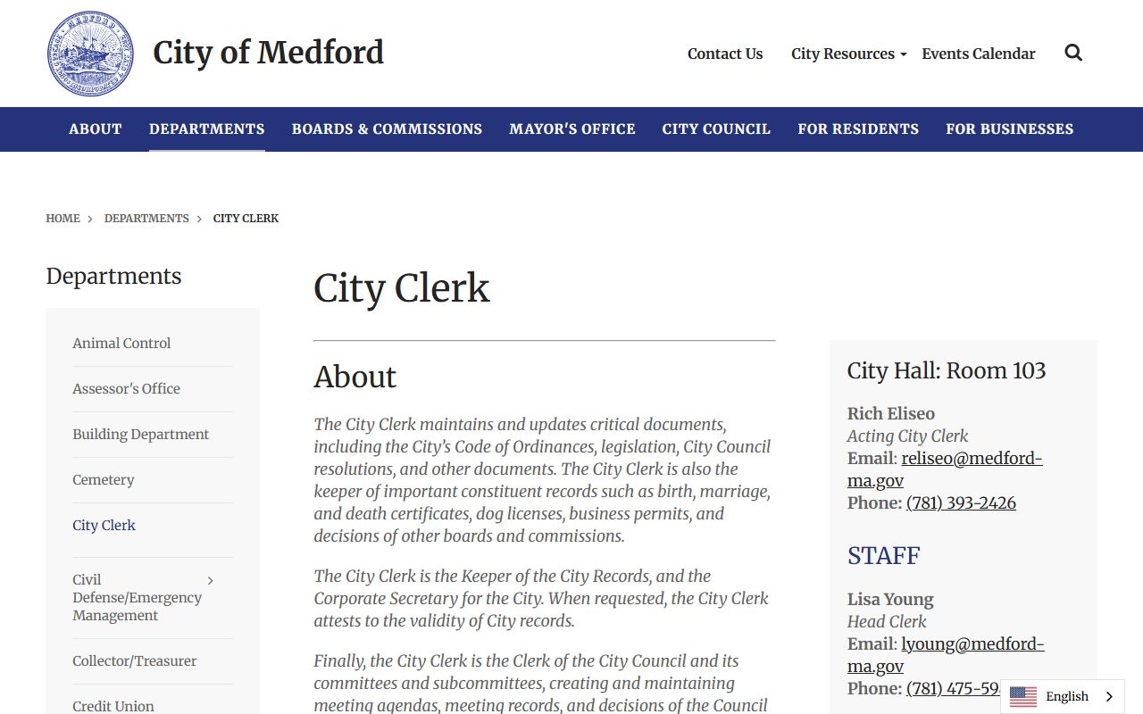 Medford City Clerk office page showing vital records services and contact information