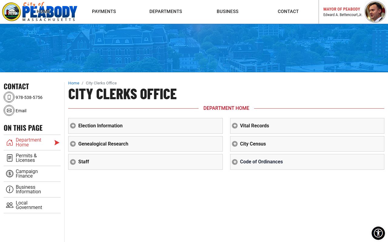 Peabody City Clerk office page showing vital records services and fees