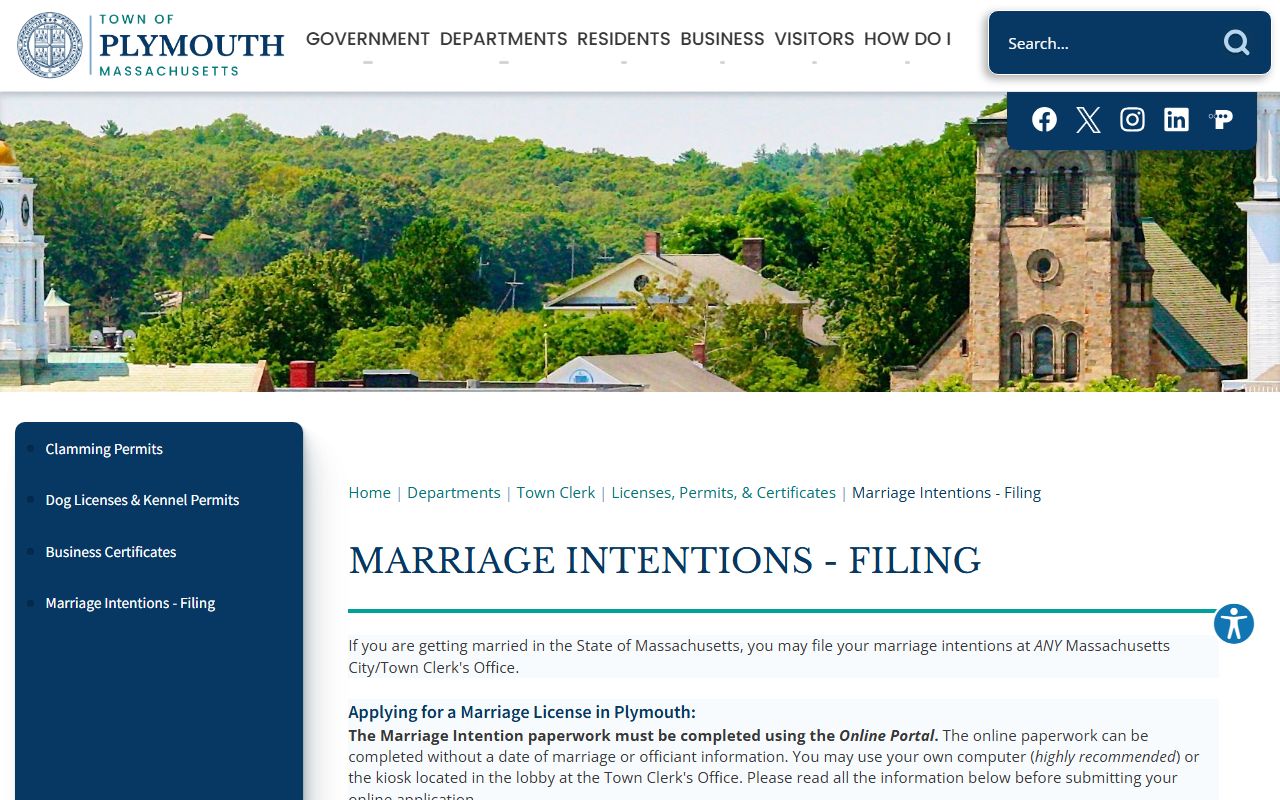 Plymouth marriage intentions filing page