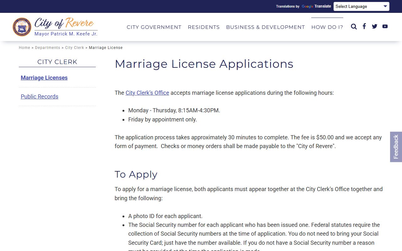Revere City Clerk marriage license page showing application process and fees