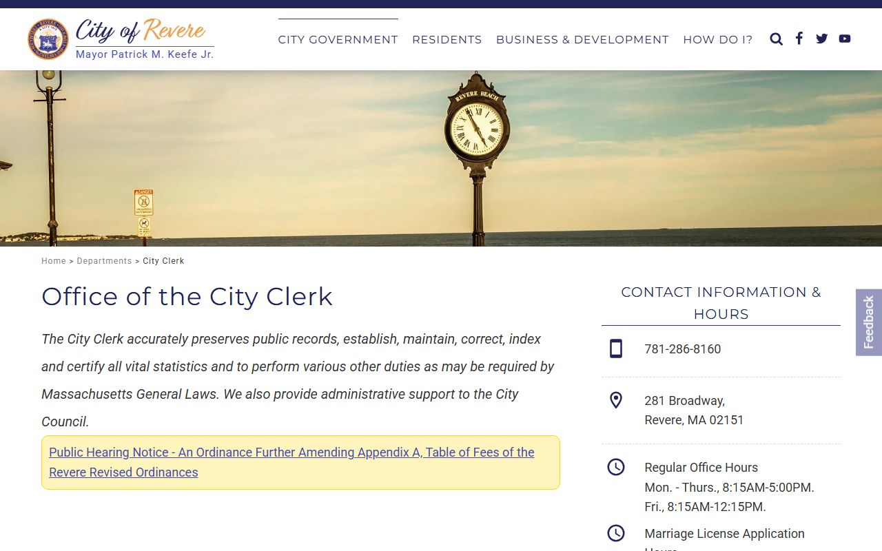 Revere City Clerk office page showing services and contact information