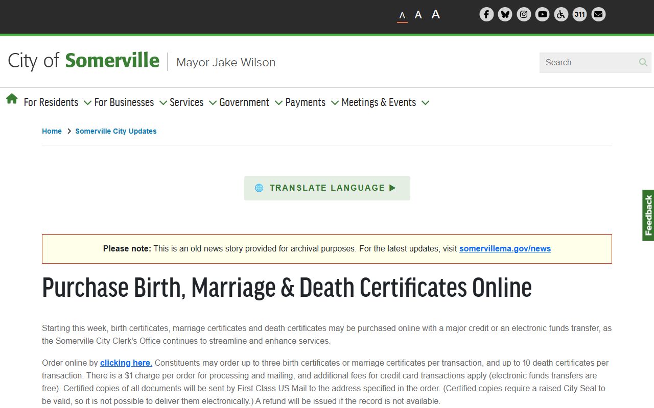 Somerville online certificate purchase for marriage records