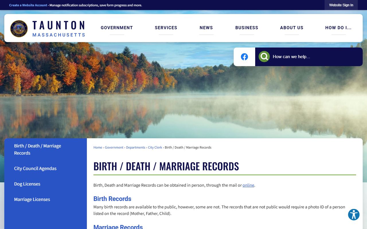 Taunton vital records page showing birth, death, and marriage record services