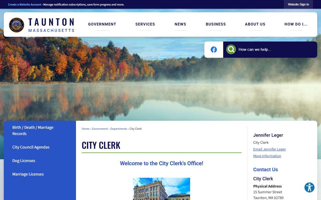 Taunton City Clerk office page showing vital records services
