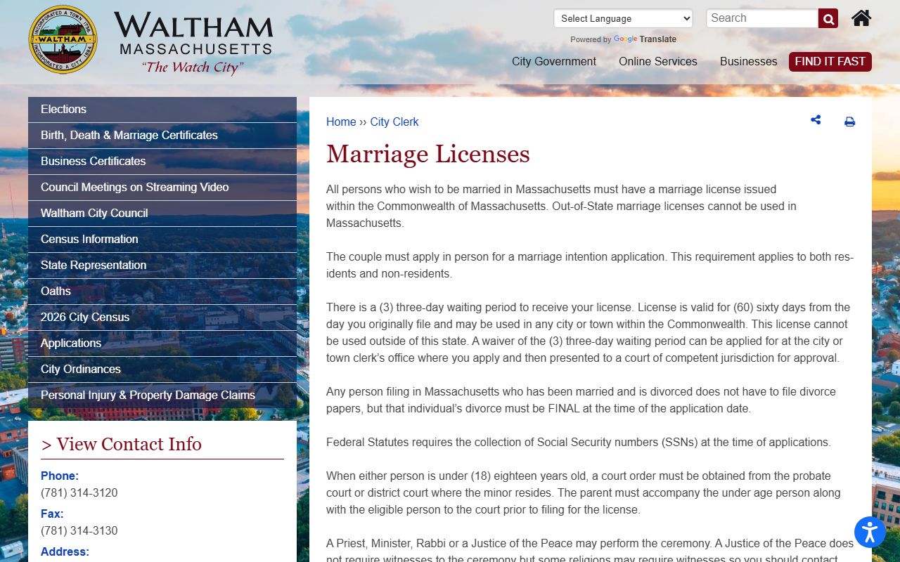 Waltham City Clerk marriage licenses page showing application requirements