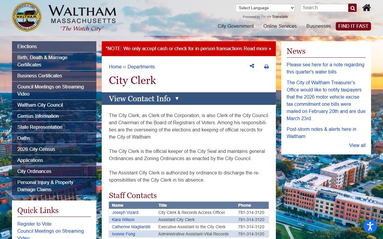 Waltham City Clerk office page showing services and contact information