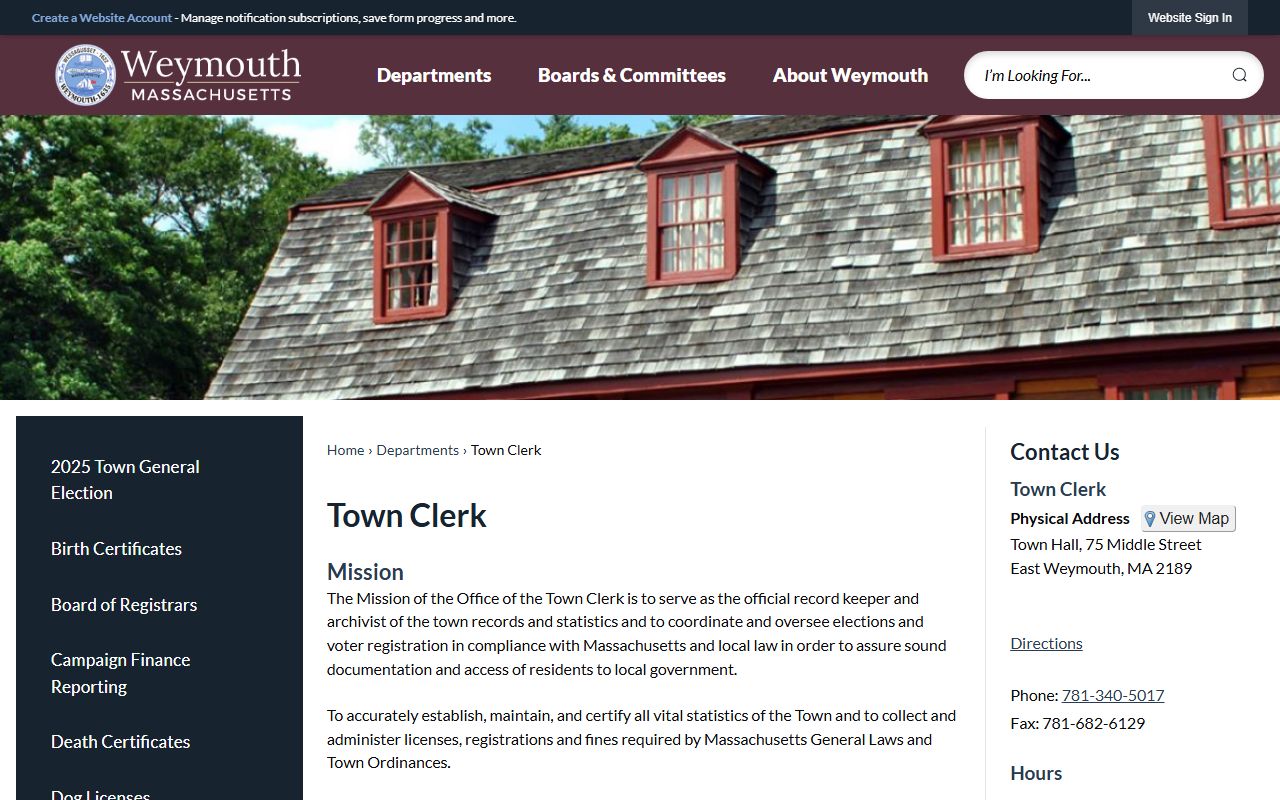Weymouth Town Clerk office page showing vital records services and contact information