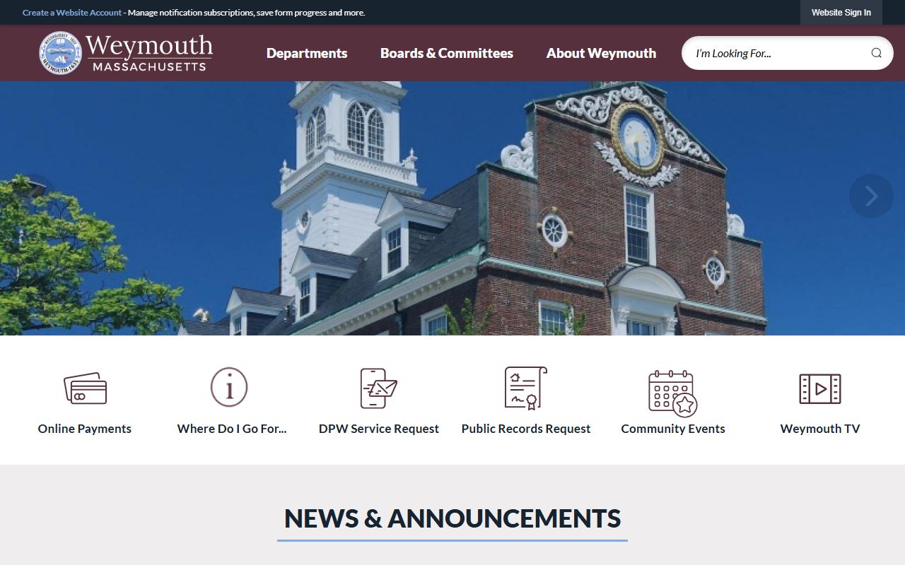 Weymouth town website showing town services and contact information