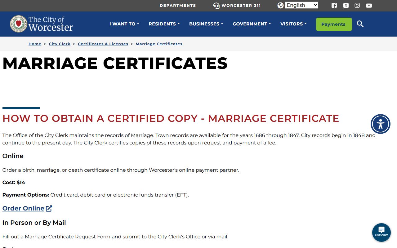 Worcester City Clerk marriage certificates page