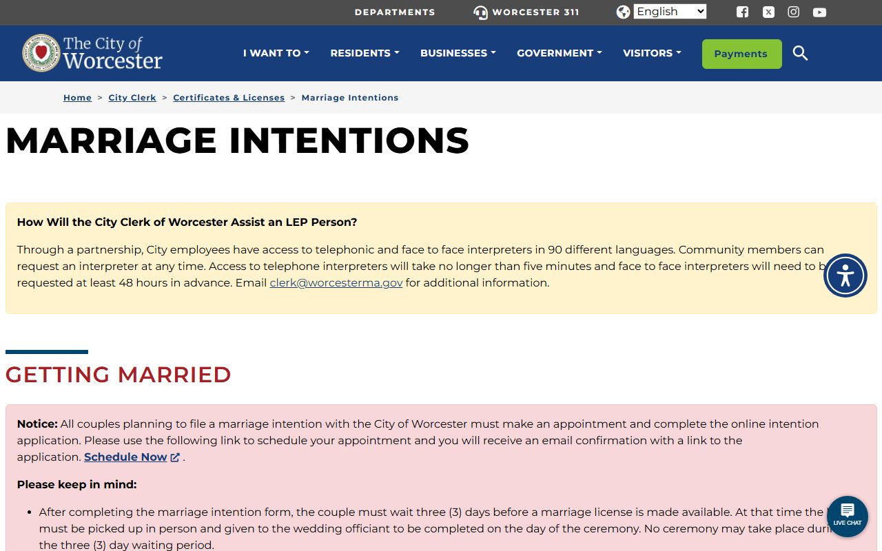 Worcester City Clerk marriage intentions page