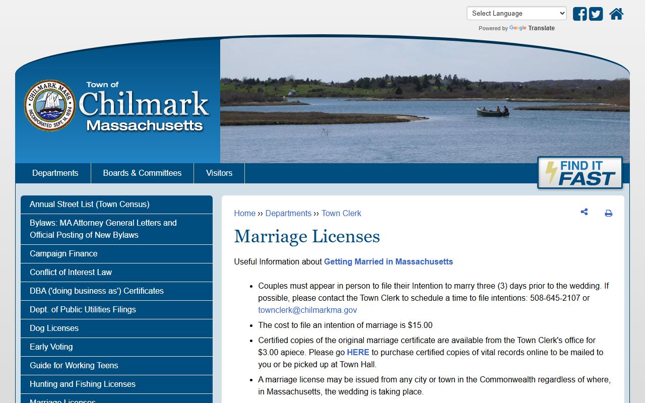 Chilmark town clerk marriage license page showing requirements for Dukes County marriages