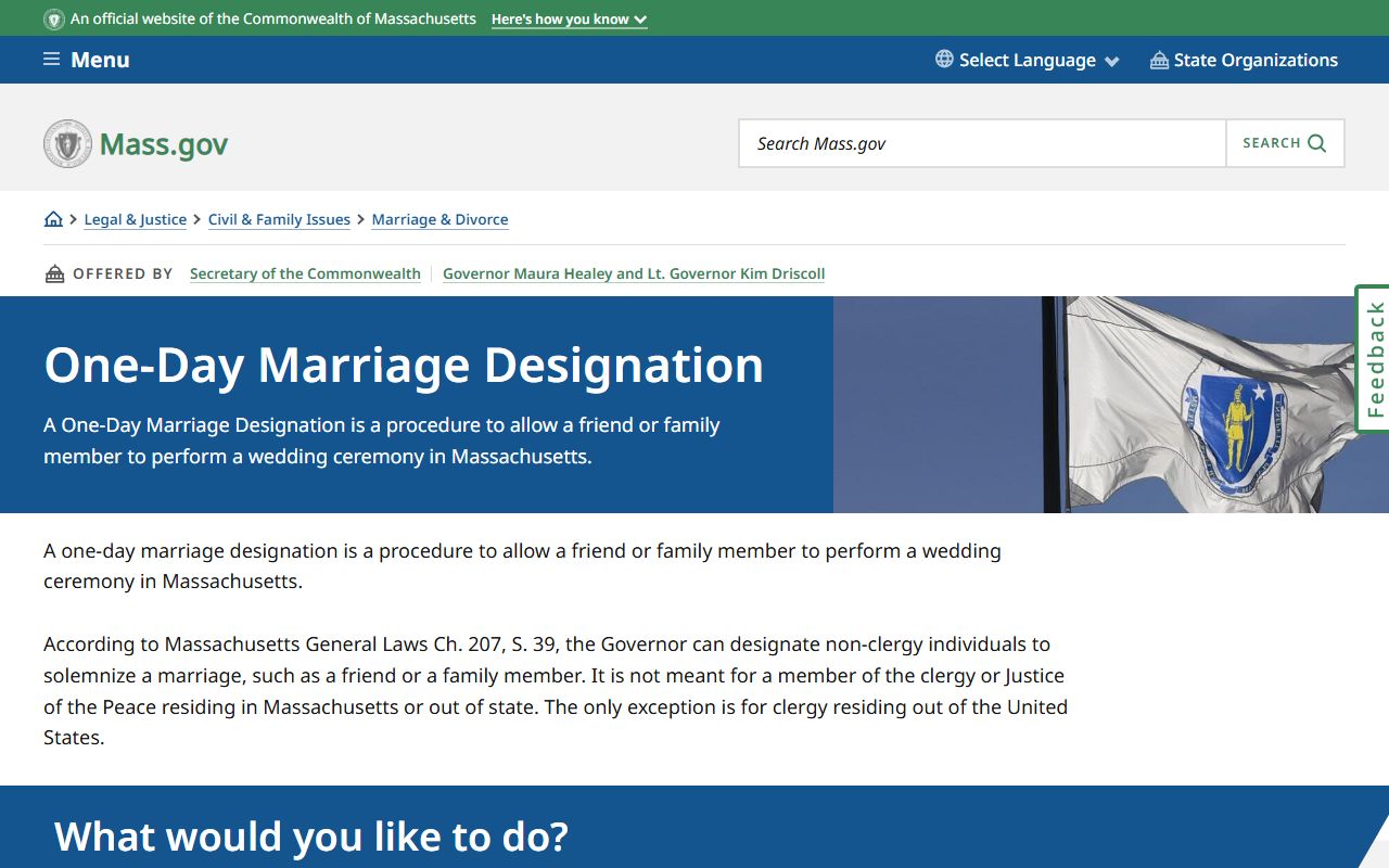 Massachusetts one-day marriage designation for officiants