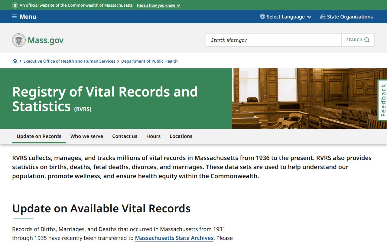 Massachusetts Registry of Vital Records and Statistics homepage for marriage records