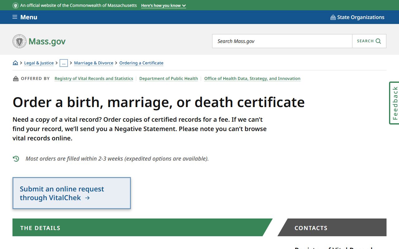 Massachusetts RVRS state ordering page for certified marriage records