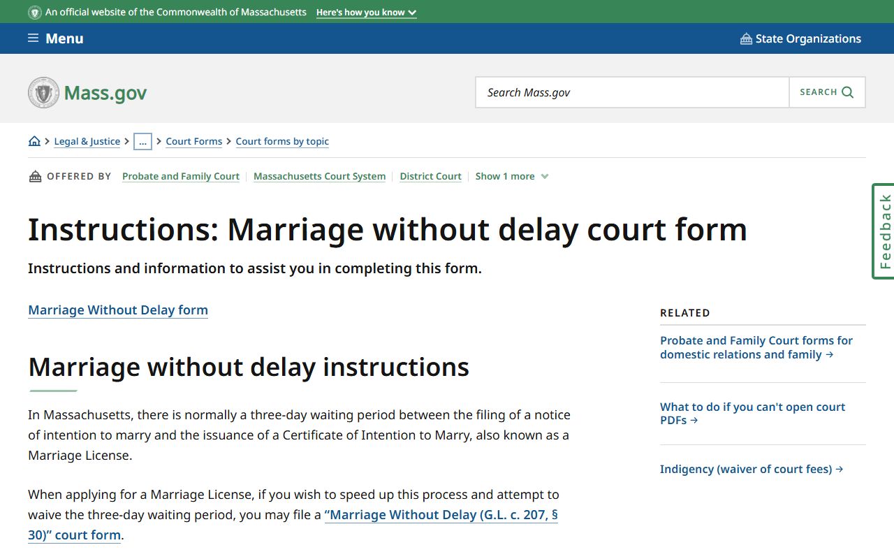 Massachusetts Marriage Without Delay waiver instructions for marriage license waiting period